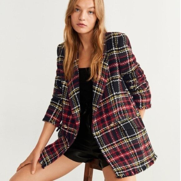 💕MANGO💕 Buttons Tweed Blazer ~ Multi-Color Plaid Print US Medium - Picture 1 of 15
